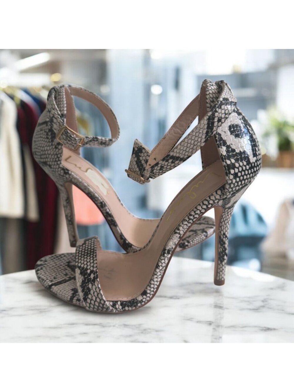 LULUS White Black Snake Print Ankle Strap Sandals Heels Size 5.5